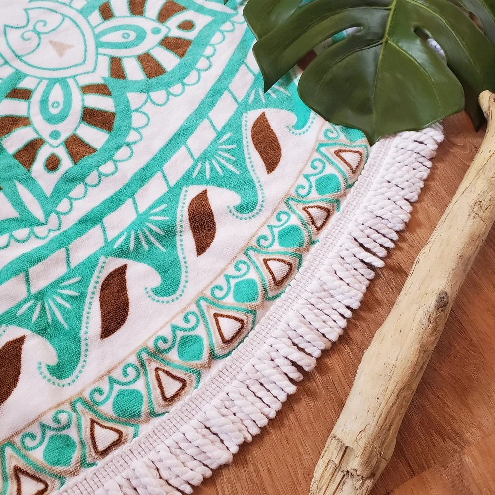 Bohemian Mandala Thick Terry Round Mint Beach Towel 59